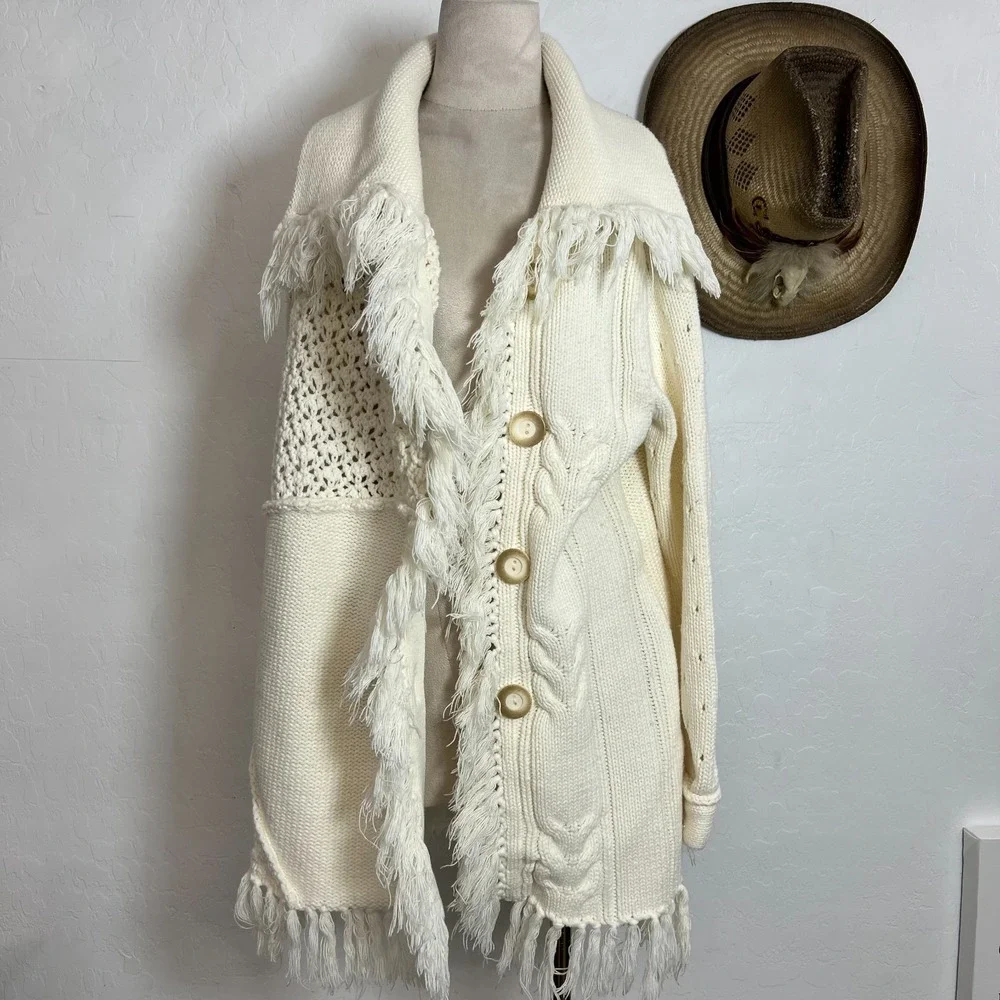 The Territory Ahead Fringe Cardigan Sweater Coat M Cream Boho Patchwork Cotton